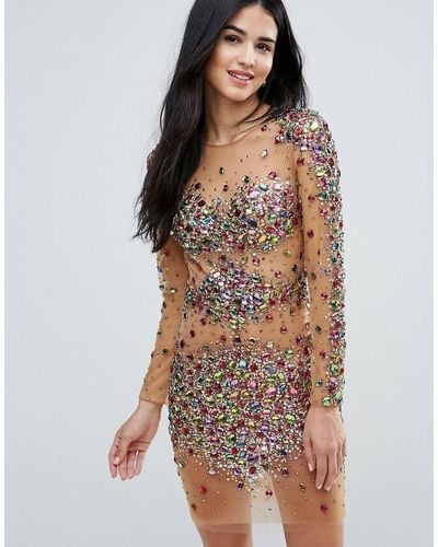 Forever Unique Nude Sheer Embellished Mini Bodycon Dress - Multicolour