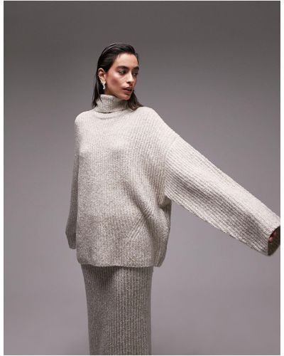 TOPSHOP Premium Knitted Plated Boucle Wide Sleeve Roll Neck Sweater - Gray