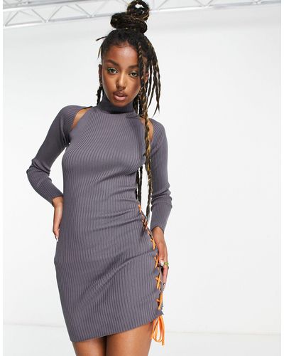 Collusion Knitted Bodycon Dress With Lace Up Details - Gray