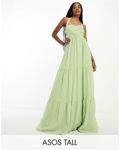 ASOS Asos Design Tall Ruched Bodice Halter Tiered Maxi Dress - Green