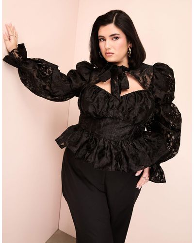 ASOS Curve Pussy Bow Puff Sleeve Lace Top - Black