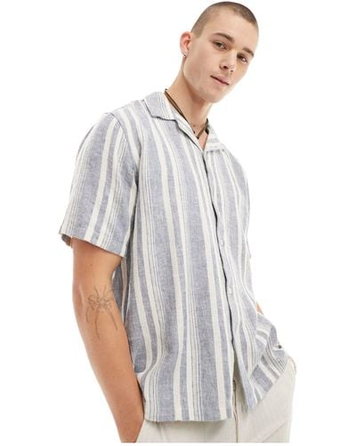 Abercrombie & Fitch Dobby Stripe Linen Blend Short Sleeve Shirt Relaxed Fit - White