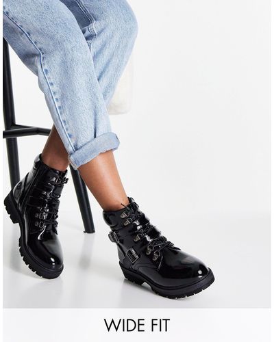 Simply Be Wide Fit Lace Up Flat Boot With Buckle Detail - Black