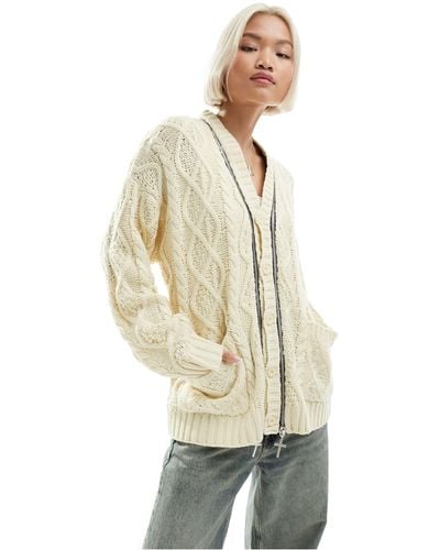 The Ragged Priest Oversized Cable Knit Cardigan With Charm Zips - White