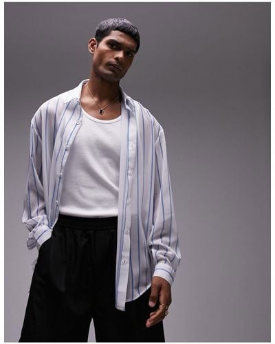 TOPMAN Long Sleeve Oversized Sheer Striped Shirt - Gray