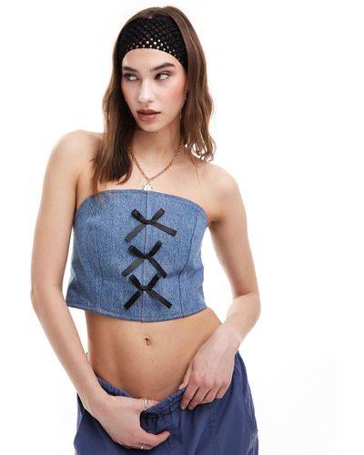 Reclaimed (vintage) Revived X Glass Onion Denim Bandeau Corset Top With Bows - Blue