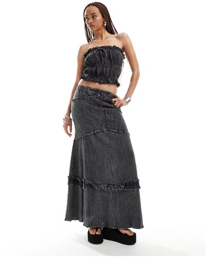 Collusion Cotton Crinkle Column Maxi Skirt Co-ord With Shirred Detail - Black