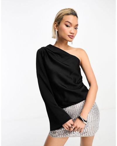& Other Stories One Shoulder Top With Draped Tie Neck And Fluted Sleeve - Black