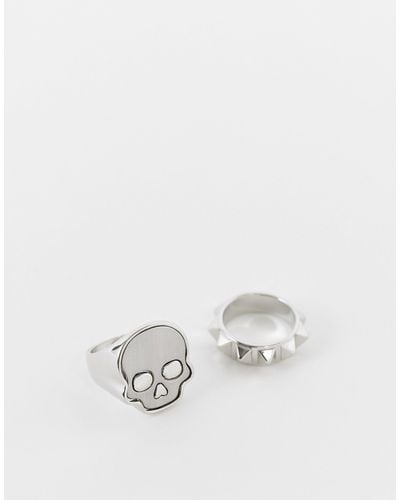 ASOS 2 Pack Ring Set With Skull And Spike Design - Metallic