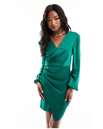 Flounce London Wrap Front Satin Mini Dress - Green