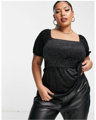 Simply Be Velour Ruched Sleeve Peplum Top - Black