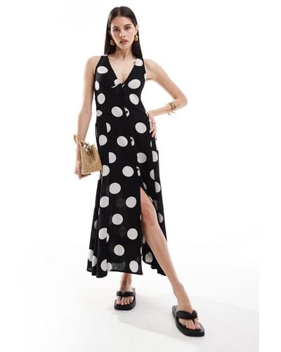 ASOS Button Down Linen Midi Dress With Full Skirt Spot Print - White