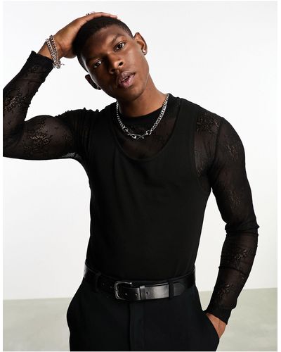 ASOS T-shirt moulant à manches longues en dentelle avec débardeur superposé - Noir