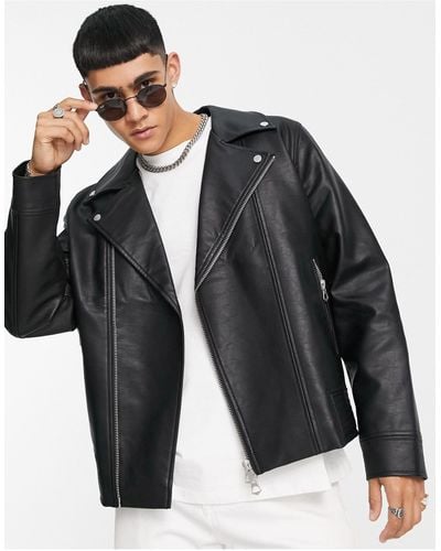 TOPMAN Faux Leather Biker Jacket - Black