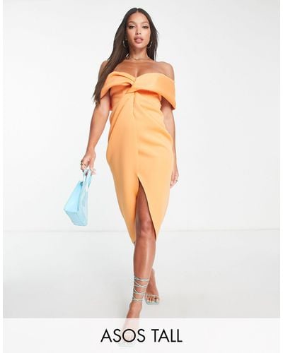 ASOS Asos Design Tall Off The Shoulder Front Twist Midi Dress - Orange