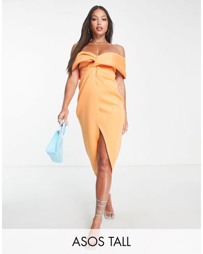ASOS Asos Design Tall - Midi-jurk Met Blote Schouders En Gedraaide Voorkant - Oranje