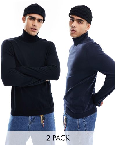ASOS 2 Pack Knitted Essential Roll Neck Jumper - Blue
