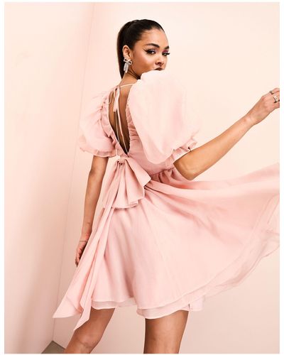 ASOS Plunge Puff Sleeve Mini Dress - Pink