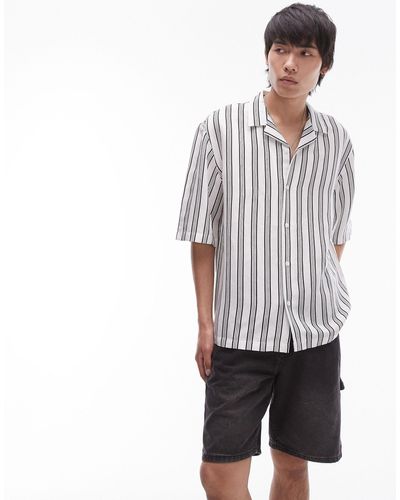 TOPMAN Short Sleeve Relaxed Linen Mix Stripe Shirt - White