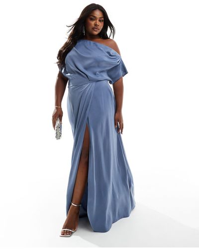 ASOS Asos Design Curve Exclusive Satin Off Shoulder High Split Maxi Dress - Blue