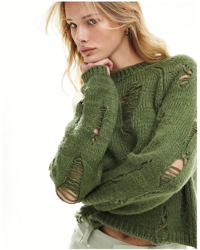 ASOS Crop Cotton Cable Ladder Stitch Sweater - Green