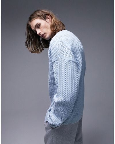 TOPMAN Overdye Cable Sweater - Blue