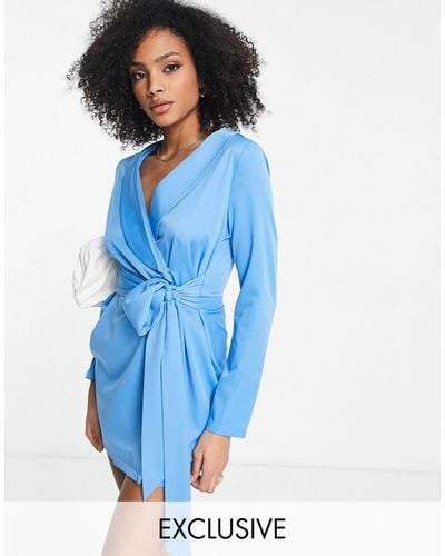 In The Style Exclusive Tie Front Blazer Dress - Blue
