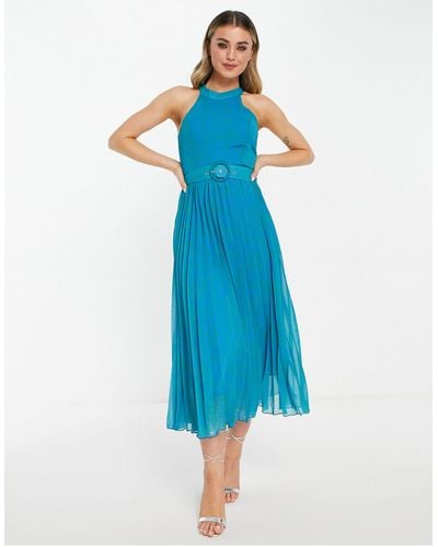 Style Cheat High Neck Pleated Midaxi Dress - Blue