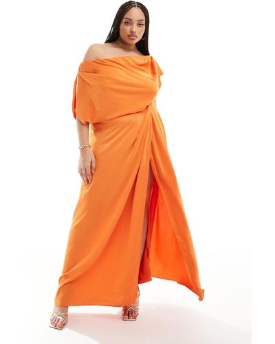 ASOS Asos Design Curve Exclusive Satin Off Shoulder High Split Maxi Dress - Orange