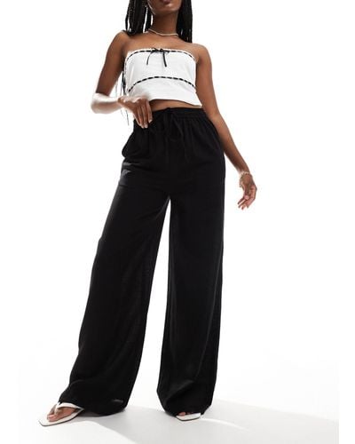 In The Style Linen Blend Wide Leg Drawstring Trousers - Black