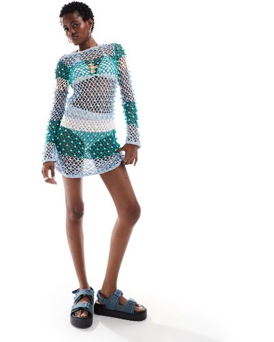 ASOS Knitted Crochet Beaded Mini Dress - Blue