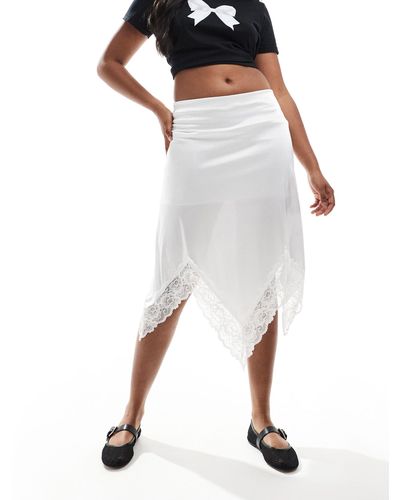 ASOS Satin Twill Midi Skirt With Lace Edge Trim - White