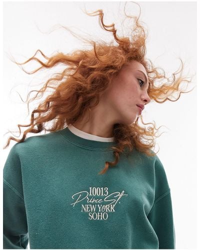 TOPSHOP Graphic Embroidered 10013 New York Soho Vintage Wash Sweat - Green