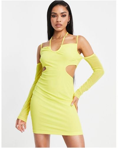 Naanaa Mini Dress With Cut Out Detail And Sleeves - Yellow