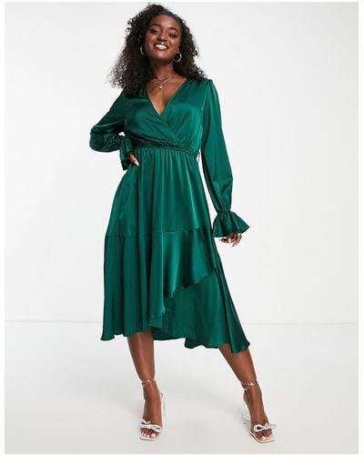 In The Style Exclusive Satin Wrap Detail Midi Dress - Green