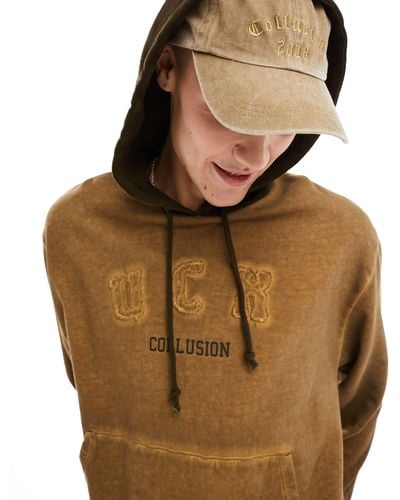 Collusion Oversized Varsity Embroidered Hoodie - Brown