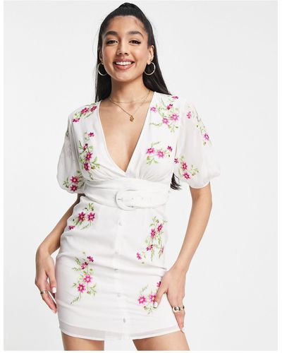 ASOS Mini Tea Dress With Pop Floral Embroidery - White