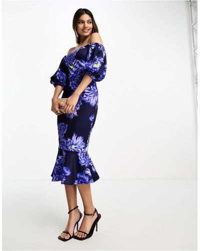 True Violet Bardot Midi Dress With Pephem - Blue