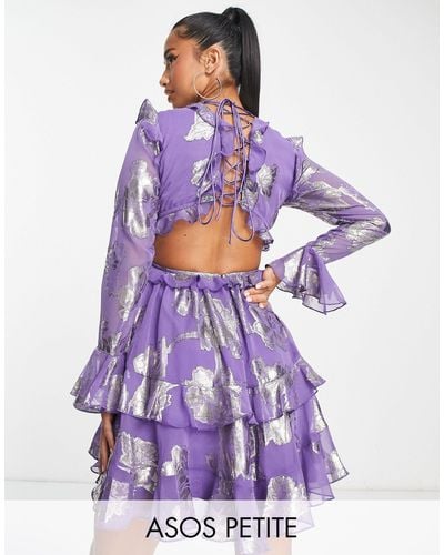 ASOS Petite Tiered Ruffle Floral Jaquard Mini Dress With Ruffle Detail Skirt - Purple