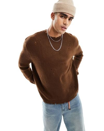ASOS Oversized Knitted Plush Sweater With Nibbling - Brown