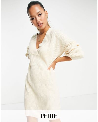 Threadbare Petite Adeline V Neck Knitted Mini Dress - Natural