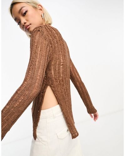 Moon River Side Slit Asymmetrical Hem Long Sleeve Knitted Top - Brown