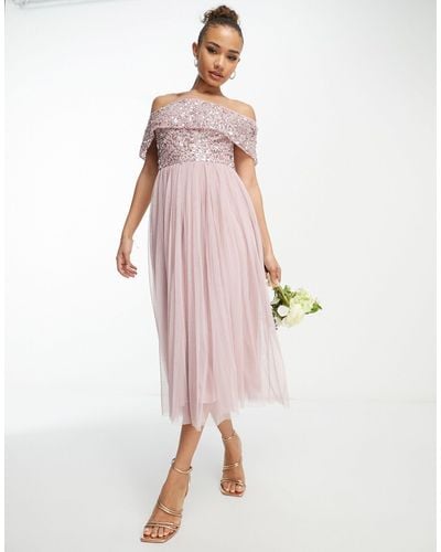Beauut Bridesmaid Bardot Embellished Midi Dress - Pink