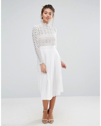 Little Mistress Premium Lace Pleated Midi Dress - White