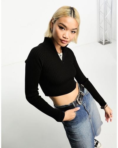 ASOS Knitted Crop Top With High Neck And Zip Detail - Black