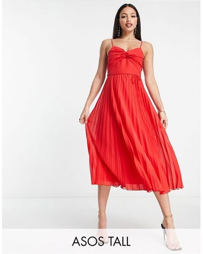 ASOS Asos Design Tall Twist Front Pleated Cami Midi Dress With Belt - Red
