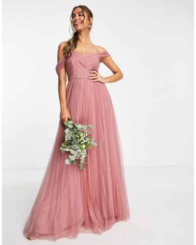 ASOS Bridesmaid Off Shoulder Tulle Maxi Dress With Tie Back And Pleated Skirt - Pink