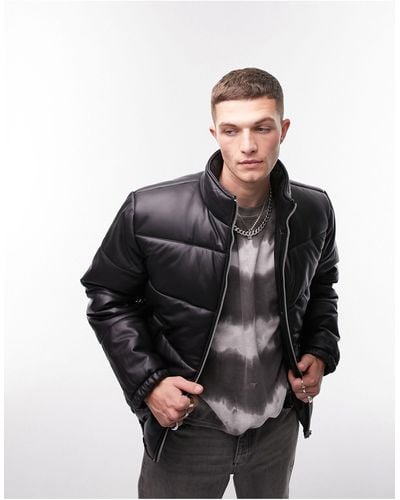 TOPMAN Leather Puffer Jacket - Black