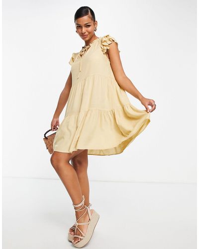 Pieces Tie Neck Frill Detail Mini Smock Dress - Natural