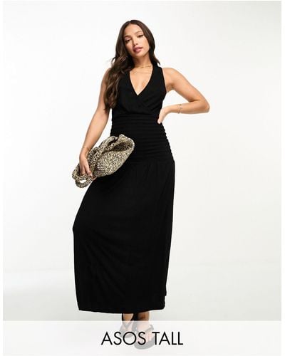 ASOS Asos Design Tall Crinkle V Neck Maxi Smock Dress With Shirred Waist - Black